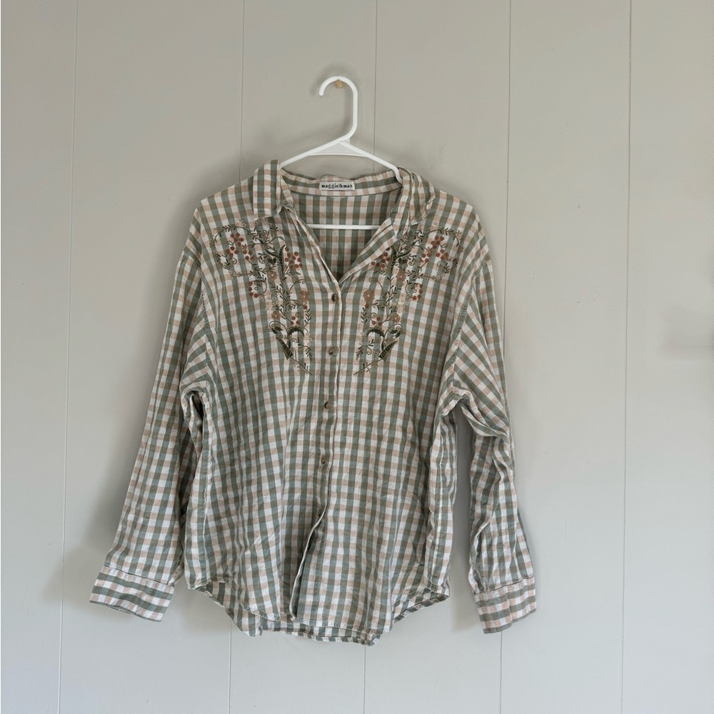 Maggie & Max yellow and green floral gingham long sleeve blouse, vintage 90s mom